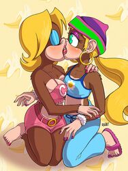 2girls abstract_background age_difference anthro ape banana barefoot beanie belt belt_buckle blonde_hair blush breasts brown_fur candy_kong cleavage closed_eyes clothed donkey_kong_(series) duo ear_piercing earrings eyelashes eyeshadow feet female female_only french_kiss furry green_eyes hoop_earrings kissing kneeling large_breasts lipstick long_hair makeup multiple_females multiple_girls nail_polish nintendo pants pink_lipstick pink_nails pink_shorts primate purple_nails rha sandals short_shorts shorts small_breasts sports_bra surprised tied_hair tiny_kong toenail_polish toes twintails voluptuous yuri