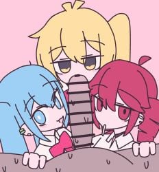 1boy 3girls akita_neru bar_censor big_penis blue_eyes blue_hair censored color dark-skinned_male ear_ornament gyaru hatsune_miku imminent_oral kasane_teto looking_at_viewer male_pov mv_character partial_male pov red_eyes red_hair school_uniform straight sweat twitter_link utau vocaloid voifoooork yellow_eyes yellow_hair zaako_(vocaloid)