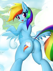 2015 anus ass blush cloud cutie_mark dock equine female feral friendship_is_magic hair looking_back mammal multicolored_hair my_little_pony open_mouth outside pegasus pussy rainbow_dash_(mlp) rainbow_hair ricocake sky solo tongue wings