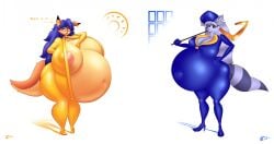 anthro bbw big_ass big_beautiful_woman big_belly big_breasts carmelita_fox curvaceous curvy_figure exposed_breasts fat_belly fat_fetish female giant_belly giant_breasts hammerspace huge_belly huge_breasts ic-icle massive_belly massive_breasts multiple_girls round_belly round_breasts rule_63 sly_cooper sly_cooper_(series) spandex spandex_suit thick_thighs tight_clothing weight_gain wide_hips