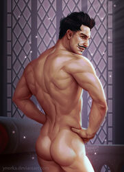 1boy 2015 artist_name artist_signature artist_website ass back back_muscles back_view bara black_hair completely_nude dark_hair dorian_pavus dragon_age dragon_age_inquisition facial_hair gay_male hand_on_hip hands_on_hips human human_only light-skinned_male light_skin looking_at_viewer looking_back mage male male_only moustache muscle muscles muscular muscular_male mustache naked nude nude_male pose posing presenting presenting_ass presenting_butt solo solo_focus solo_male sweat sweaty video_games ynorka