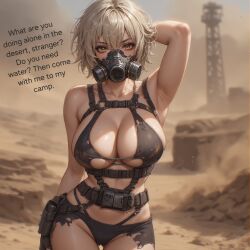 1girls ai_generated anime armpits big_breasts bikini blonde_hair desert english_text female_only gas_mask leather mad_max masked original original_character post_apocalyptic sexy_pose short_hair text