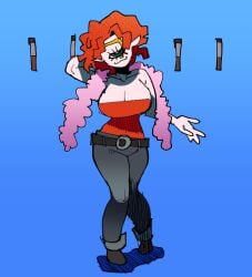 :3 big_breasts blue_pants brown_belt cat_smile cleavage cyclops_girl cyclops_girl_(ennuikal) ennuikalart face_tattoo feathered_scarf monster_girl oc original original_character pale-skinned_female pale_skin red_hair ring_eyes scarf simple_background simple_shading slim_waist tagme thick_thighs tubetop