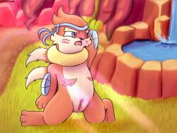 2_tails 3_fingers 3_toes accessory anthro aroused blue_clothing blue_eyes blue_headband blue_headwear blush blush_lines bodily_fluids buizel cheek_tuft clitoris clothing darkened_genitalia darkened_vulva dirt_path exaggerated_mastectomy_scar exhibitionism eyebrows facial_tuft feet female fingers firebird_(psykwol) fur furrowed_eyebrows generation_4_pokemon genital_fluids genitals grass hand_behind_head headband headgear headwear hi_res kneeling kneeling_on_ground light light_beam looking_aside markings mastectomy_scar mostly_nude multi_tail nintendo nude on_grass on_ground open_mouth orange_body orange_fur pkfreak plant pokemon pokemon_(species) pokemon_mystery_dungeon pokemorph pond pose red_markings rock roots scar signature solo spike_chunsoft sunbeam sunlight tail tan_body tan_fur text toes tongue trans_(lore) trans_man_(lore) tuft vaginal_fluids water waterfall watermark worried yellow_body