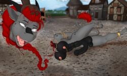 abs anklet anthro areola balls big_penis blood blood_puddle bodily_fluids bound breasts chains corpse death decapitation digital_media_(artwork) dragon duo ear_piercing ear_ring erection execution feet fur futa_death futanari genitals gold_(metal) gold_chain gold_jewelry gore gore_focus gynomorph gynomorph_death hair hands_behind_back hands_tied hands_tied_behind_back hi_res holding_head horn humanoid_genitalia humanoid_penis intersex intersex_death jewelry lying medieval medieval_architecture mostly_offscreen_character mrs._stein mythological_creature mythological_scalie mythology navel necklace nipple_chain nipple_piercing nipple_ring nipples nude on_side open_mouth outdoor_nudity outside penis piercing ring_piercing scalie severed_body_part severed_head snuff tail teeth toes tongue