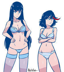 2girls akairiot black_hair blue_eyes blue_striped_bra blue_striped_panties bra canon_panties cleavage female female_only highlights kill_la_kill kiryuuin_satsuki long_black_hair long_hair matoi_ryuuko multiple_girls navel panties shimapan short_black_hair short_hair sisters standing striped striped_panties studio_trigger thighhighs