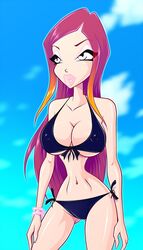 1girls bare_shoulders belly bikini blonde_hair breasts busty cleavage covered_nipples erect_nipples eyeshadow gradient_hair hourglass_figure large_breasts lipstick long_hair makeup multicolored_hair navel nipples pink_eyes pink_hair rainbow_(animation_studio) roxy_(winx_club) solo teenager thighs two_tone_hair voluptuous winx_club zfive