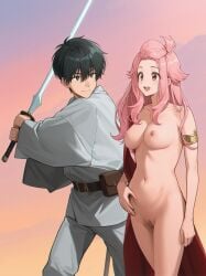 1boy 1boy1girl 1girls :d ai_generated arm_band belly_dancer black_eyes black_hair blush breasts completely_naked completely_naked_female completely_nude completely_nude_female cosplay couple couple_(romantic) crossover crossover_cosplay desert etra-chan_saw! female holding_object holding_sword hourglass_figure hourglass_figured_female jedi jedi_padawan kuroki_(etra-chan_saw!) looking_at_partner luke_skywalker_(cosplay) male male/female medium_breasts naked naked_female nipples nude nude_edit nude_female nude_filter part_of_a_set perfect_body pink_eyes pink_hair pussy robe slave slave_girl slave_leia_(cosplay) smile smiling smiling_at_partner star_wars tatooine vagina wholesome wholesome_nudity youtube yuri_(etra-chan_saw!)