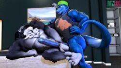 16:9 anal anal_sex anthro ass balls bedroom_eyes big_butt big_feet big_penis bottomless bottomless_male canid canine canis claws closed_eyes clothed clothing cobalt_(rtzero) duo fangs feet genitals griff_(rtzero) hand_behind_head hand_on_hip hi_res leg_grab licking lizard lizard_(petruz) looking_at_another looking_pleasured male male/male mammal muscular muscular_male narrowed_eyes nude_male penetration penis raised_leg reptile rtzero scalie seductive sharp_teeth teeth toe_claws tongue widescreen wolf wolf_(petruz)