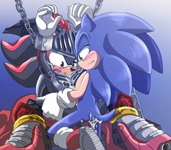 angelofhapiness armor blue_fur blush chained_cuffs chains chest_tuff clothing cum footwear furry gloves green_eyes headgear hedgehog helmet male male_only mammal medieval_armour open_mouth red_eyes sex shadow_the_hedgehog sonic_(series) sonic_the_hedgehog visor