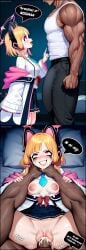 1boy 1girls 2koma aged_up ahe_gao ai_generated animal_ear_fluff animal_ear_headphones animal_ears artist_name big_penis blue_archive brat breasts breasts_out bulge bulge_through_clothing cat_ear_headphones cat_ears choking clenched_teeth clothed clothed_sex clothing correction dark-skinned_male dark_skin drooling eyebrows eyelashes eyeshadow fucked_into_submission fucked_senseless fucked_silly halo head_out_of_frame hi_res high_quality high_resolution highres huge_cock imminent_rape imminent_sex instant_loss instant_loss_2koma interracial jacket light-skinned_female light_skin long_sleeves makeup mascara medium_breasts momoi_(blue_archive) muscular muscular_male necktie onomatopoeia outfit penis penis_outline pov pussy racism racist_woman renz3n running_mascara runny_makeup sex shortstack side_view size_difference skirt smaller_female sound_effects straight tank_top teenager the_n_word tie veiny_muscles watermark