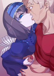 1boy black_hair blank_eyes blue_eyes blue_hair bow cum doll_joints draining_kiss dress energy_drain female femdom french_kiss garie_tuman hairband handjob kissing kuroshin long_sleeves looking_at_viewer monster_girl multicolored_hair pale_skin penis puffy_sleeves saliva senki_zesshou_symphogear short_hair simple_background veins white_hair