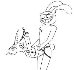 ambiguous_gender animate_inanimate anthro blush bodily_fluids chimeracocks clothing digital_creature duo eye_roll glitch_productions gloves gloves_only gooseworx grin handwear handwear_only holding_partner jax_(the_amazing_digital_circus) lagomorph leporid limbless male mammal mostly_nude null null_penetrated rabbit smile strapon sweat the_amazing_digital_circus zooble_(the_amazing_digital_circus)