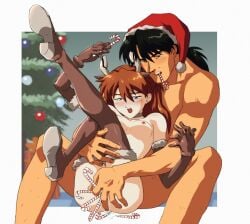 1boy amondetauro black_hair boots breasts brown_boots brown_gloves christmas christmas_tree commentary english_commentary female gloves highres kaji_ryouji neon_genesis_evangelion nipples nude object_insertion orange_hair small_breasts souryuu_asuka_langley straight vaginal_object_insertion vaginal_penetration