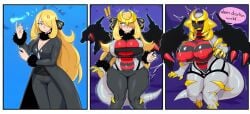1girls absurd_res ai_generated anthro base_one_layout basic_sequence big_breasts blonde_hair blush breast_expansion breasts clawed_fingers clothed clothed_to_nude clothing clothing_loss cynthia_(pokemon) dialogue dragon english_text exclamation_point expansion female feral generation_4_pokemon giratina growth hair hair_over_eye hellsonger hi_res huge_breasts human linear_sequence long_hair mammal nintendo nipples nude one_eye_obstructed one_row_layout open_mouth pants pokemon pokemon_(species) pokemon_champion pokemon_dppt pokemon_trainer sequence simple_background size_transformation solo_focus species_transformation standing surprise text thick_thighs three_frame_image three_frame_sequence topwear torn_clothing transformation transformation_sequence wide_hips