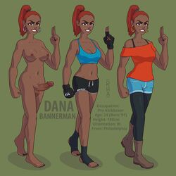 1futa breasts clothed dana_bannerman dark-skinned_futanari dark_skin dickgirl erection full-length_portrait full_length futa_only futanari gloves intersex model_sheet nipples nude penis portrait posing red_hair rha shorts solo standing testicles top uncensored