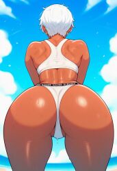 ai_generated beach bikini black_female bleached butt_focus elena_(street_fighter) rear_view sand slut sunny thick_thighs toned_body wet white_hair