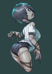 arched_back ayakakashi black_hair bob_cut bubble_butt buruma cracked_skin doll doll_joints female female_only gym_uniform looking_at_viewer looking_back naze1940_erica rope short_hair silent_hill silent_hill_f smile solo torn_clothes