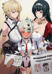 1other 3girls absurdres angels_of_delusion aria_(zenless_zone_zero) aria_(zenless_zone_zero)_(human_form) astra_yao black_hair blonde_hair blush breast_press breasts brown_eyes card character_name evelyn_chevalier full-face_blush fully_clothed gradient_background green_hair hair_ornament hairclip highres holding holding_card id_card large_breasts long_hair looking_at_another looking_at_viewer multiple_girls nangong_yu_(zenless_zone_zero) nsfw_version_available open_mouth paid_reward_available photo_(object) pov purple_eyes red_eyes sandwiched senapops shirt short_hair sleeveless sleeveless_shirt stars_of_lyra sunna_(zenless_zone_zero) white_shirt x_hair_ornament yellow_background yuri zenless_zone_zero