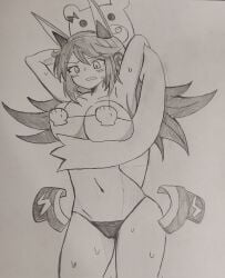 1animal 1girls arm_under_breasts armpits arms_behind_head artist_request bear belly_button bikini bow breast captured firm_breasts galaxy_gals headphones holding_partner large_breasts licking_lips lifting_breasts long_hair nyanko_daisensou pencil_(artwork) seashell seashell_bra sweat teacher_bear teenager the_battle_cats thick_thighs thighs thundia worried
