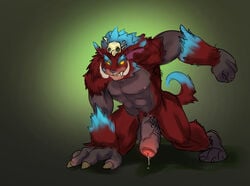 big_penis big_testicles blue_fur bone fist fur glowing glowing_eyes gnar hat league_of_legends male_only mega_gnar muscles nipples penis precum pubic_hair red_fur riot_games skull teeth testicles tusks vein