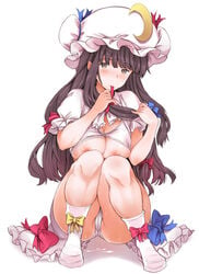 blush bow bra bra_lift breasts female hairbow hat long_hair looking_at_viewer mogg mouth_hold nipples panties patchouli_knowledge purple_eyes purple_hair solo squatting touhou underwear