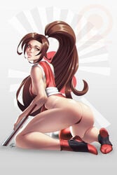 1girls 2019 arched_soles ass black_footwear brown_hair crouching fatal_fury female female_only high_leg_leotard king_of_fighters kneeling leotard long_hair looking_back mai_shiranui patreon patreon_reward ponytail pursed_lips r62 red_footwear rising_sun sideboob sitting_on_knees skimpy snk solo solo_female toeless_legwear