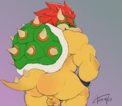 1boy anthro arkano arkanoego ass balls biceps bowser dragon hair horn hybrid king koopa looking_at_viewer looking_back male male_only manly mario_(series) muscles nintendo nude open_mouth presenting presenting_hindquarters reptile royalty scalie shell short_hair smile solo spikes standing turtle video_games