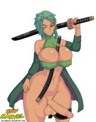 1futa between_breasts big_breasts big_penis big_testicles breasts cleavage dark-skinned_futanari dark_skin erection futa_only futanari green_hair hair hoop_earrings intersex jay-marvel katana navel object_between_breasts one_piece penis roronoa_zoro rule_63 scabbard scar solo_futa standing sword testicles voluptuous weapon