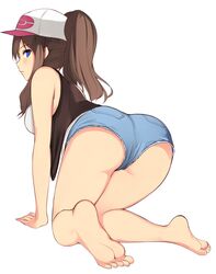 ass barefoot baseball_cap blue_eyes brown_hair clothes dat_ass female female_only hair hat hilda_(pokemon) human kureha_(ironika) medium_breasts pokemon ponytail shorts solo tied_hair