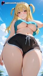 1girls 2025 ai_assisted ai_generated amane_misa anime artist_name big_breasts bird blonde_hair blue_sky blush breasts bust busty cloud death_note explicit from_below hi_res high_quality high_resolution highres large_breasts long_hair misa_amane navel outdoors patreon patreon_username seagull shorts sky skypassion solo stable_diffusion underboob watermark