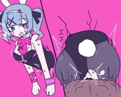 1girls accurate_art_style ass blue_eyes blue_hair bunny_ears bunny_tail bunnysuit canonical_scene color dark-skinned_male deco*27 doggy_style female female_focus hair hair_ornament hatsune_miku headband heart light_skin motion_lines mv_character official_style partial_male rabbit_hole_(vocaloid) scene_reference speech_bubble squished_ass stuck stuck_in_wall sweat sweatdrop tally_marks twintails twitter_link vocaloid voifoooork