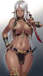 1girls armlet bracer breast_curtains breasts bridal_gauntlets cleavage curvy dark-skinned_female dark_elf dark_skin earrings elf female female_focus female_only gradient gradient_background grey_hair groin hand_on_hip houtengeki jewelry knife large_breasts loincloth long_hair looking_at_viewer navel original pelvic_curtain pointy_ears revealing_clothes reverse_grip silver_eyes silver_hair solo standing thick_thighs thighs toned wide_hips