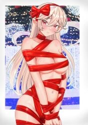 blonde_hair blush border bow breasts christmas collarbone commentary corrin_(fire_emblem) corrin_(fire_emblem)_(female) english_commentary female female_corrin_(fire_emblem) fire_emblem fire_emblem_fates hairband highres large_breasts long_hair naked_ribbon navel nintendo outside_border pointy_ears red_bow red_eyes red_hairband red_ribbon ribbon solo standing white_border zelisdezain