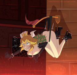 1girls 2024 anger_vein angry ass black_bra black_panties blonde_hair blue_eyes boots bowsette bra claws clenched_teeth crown deviantart_username elbow_gloves freidesuu gloves hanging_wedgie heel_boots horns nintendo panties panty_pull sharp_teeth shell spiked_boots spiked_gloves spiked_shell super_mario_bros. suspension tagme watermark wedgie wince