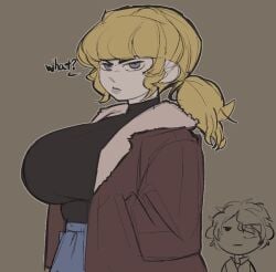 1boy big_breasts blonde_hair blue_eyes bomber_jacket daan_(fear_and_hunger) fear_and_hunger fear_and_hunger:_termina female female_focus fully_clothed huge_breasts karin_(fear_and_hunger) looking_at_viewer looking_back male ponytail solo_focus tecfuzz turtleneck