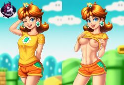 ai_generated blue_eyes brown_hair dolphin_shorts flashing flashing_breasts mario_(series) nintendo no_bra princess_daisy sexy shirt_lift short_shorts shorts t-shirt