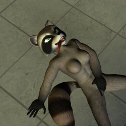 2009 3d_(artwork) abs anthro areola black_hands black_nose breasts brown_body brown_fur charleyfox_raccoon digital_media_(artwork) facial_markings fangs female finger_fuck fingering floor fur gloves_(marking) green_eyes head_markings mammal markings mask_(marking) masturbation navel nipples nude on_ground open_mouth pink_areola pink_nipples procyonid raccoon ring_(marking) ringed_tail salith solo spread_legs spreading striped_markings striped_tail stripes tail tail_markings teeth tile tile_floor tongue tongue_out vaginal_masturbation vaginal_penetration
