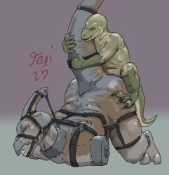 2025 amputee anal anal_rape anthro armless bound brown_body claws closed_eyes colored dated dinosaur disability double_amputee duo feet forced green_body grey_body hi_res jeri_kleinlowe male male/male nude pain prehistoric_species raised_tail rape reptile scalie sex signature size_difference slave small_dom_big_sub tail teeth