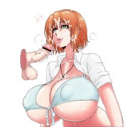 bar_censor breasts censored cum cum_on_hair erection facial female green_eyes hair huge_breasts lips magic_penis necklace orange_hair penis pointless_censoring psp(3dass) puffy_nipples short_hair simple_background solo_focus testicles underboob veiny veiny_penis white_background