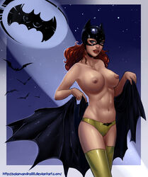 1girls barbara_gordon bare_shoulders bat_signal batgirl batman_(series) bats belly blue_eyes boots breasts cape dc dc_comics female female_only large_breasts long_hair mask navel nipples panties red_hair salamandra salamandra88 solo