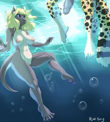 2015 absurd_res anthro blonde_hair breasts cheetah elisedae feline female hair hi_res male mammal mustelid nipples nude otter penis plankboy pussy underwater water