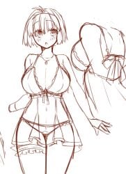 1girls 2323astronomy ahoge antenna_hair arcueid_brunestud babydoll babydoll_lingerie blush breasts cleavage dress female hair_intakes huge_breasts lingerie reference_sheet rough_sketch short_hair sketch standing thick_thighs thighs top_heavy tsukihime tsukihime_(remake) underwear