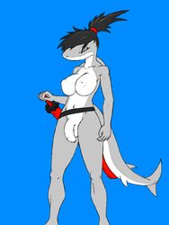 breasts clothing fish herm i-am-that-japanesse intersex inverted_nipples jacqueline japanese_clothing kimono marine melee_weapon nipples penis shark sword uncut weapon