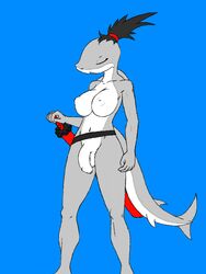 breasts clothing fish herm i-am-that-japanesse intersex inverted_nipples jacqueline japanese_clothing kimono marine melee_weapon nipples original original_character penis shark sword uncut weapon