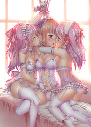 3girls arms_around_neck arms_up ass asymmetrical_docking babydoll bangs bare_shoulders bdsm blunt_bangs blush bondage bow bow_bra bow_panties bra breast_press breasts choker cleavage closed_eyes collarbone dominatrix elbow_gloves eye_contact eyelashes female femdom forced frilled_bra frills garter_belt garter_straps girl_sandwich gloves hair_ribbon hairband hairbow half_updo happy helpless highres hug imminent_kiss lace lace-trimmed_bra lace-trimmed_thighhighs large_breasts leggings lingerie lolita_hairband looking_at_another man_arihred moaning multiple_girls navel no_shoes open_mouth original panties pink_bra pink_eyes pink_hair pink_panties purple_bra purple_panties red_eyes red_hair ribbon ribbon_bondage sandwiched see-through slave smile spaghetti_strap tears thighhighs tied twins two_side_up underwear underwear_only white_gloves white_legwear window yuri