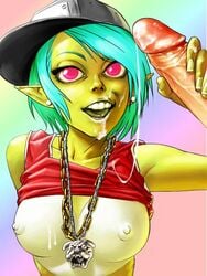 alien alien_girl baseball_cap big_penis bling breasts cum cum_on_face female green_hair green_skin hair hat humanoid jewelry looking_at_viewer male nalani necklace penis pernalonga pink_eyes pointy_ears solo_focus straight