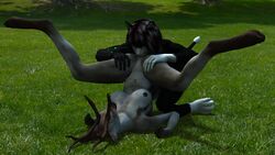 3d angry_cat anthro breasts cervine deer feline female fur furry holding licking lying mammal nipples nude pussy tongue tongue_out