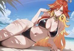 1girls ai_assisted ai_generated beach bikini blush breasts curvy_figure female genshin_impact laying_down laying_on_side light-skinned_female light_skin looking_at_viewer mavuika_(genshin_impact) mihoyo navel outdoors red_hair smile sweat sweatdrop sweating sweaty thick_thighs thighs truck-kun_art truck_kun