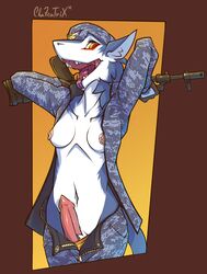 1futa 2015 animal_genitalia animal_penis anthro areolae assault_rifle blue_fur breasts camo chazcatrix clothed clothing curvy erect_nipples erection fur futa_only futanari gloves gun half-dressed holding_weapon intersex jacket looking_at_viewer murrkus nipples no_bra open_mouth pants penis penis_out piercing ranged_weapon rifle sergal simple_background small_breasts smile solo tongue tongue_out weapon white_fur